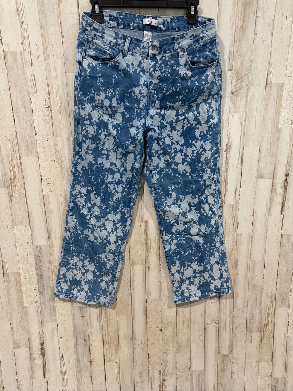 BLEU Women’s Size 12 Floral Print Cropped Jeans Blue White Stretch Denim